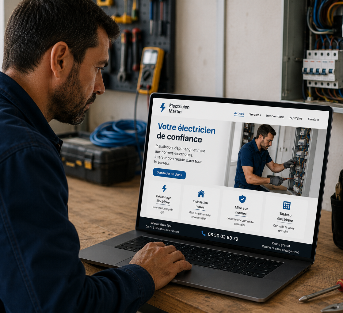 électricien regarde son site créé par LesPro.website